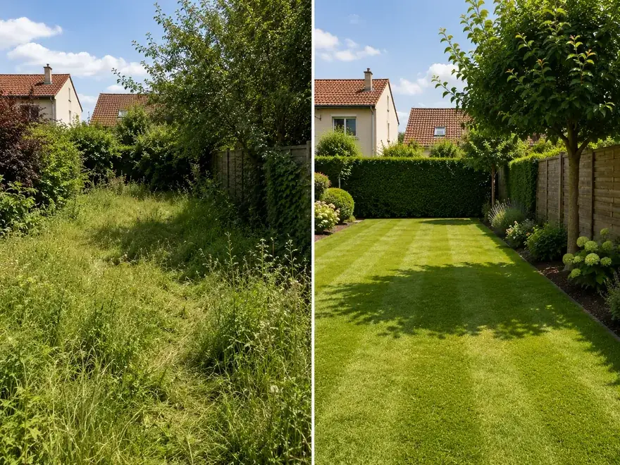 Jardin envahi remis en pelouse tondue — avant après Prentissimo