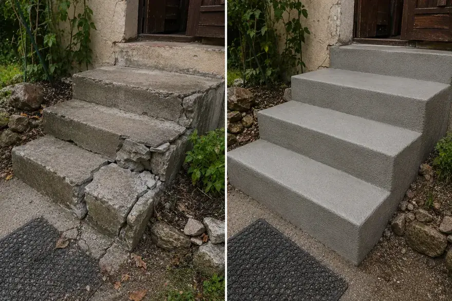 Escalier béton fissuré refait à neuf — avant après Prentissimo