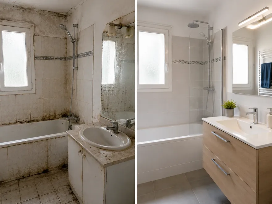 Salle de bain vétuste rénovée à neuf — avant après Prentissimo