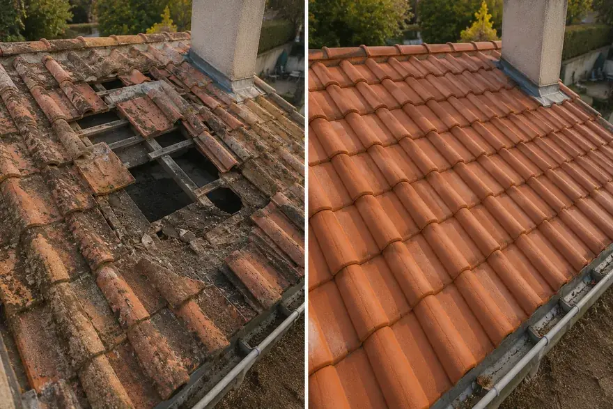 Toiture percée réparée, tuiles remises — avant après Prentissimo