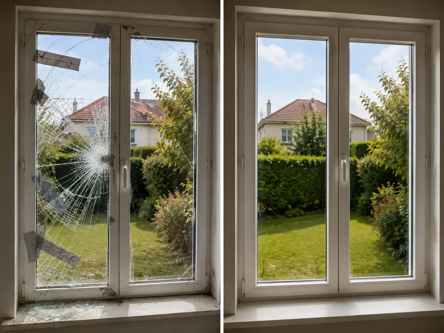 Vitre cassée remplacée par un double vitrage neuf — avant après Prentissimo