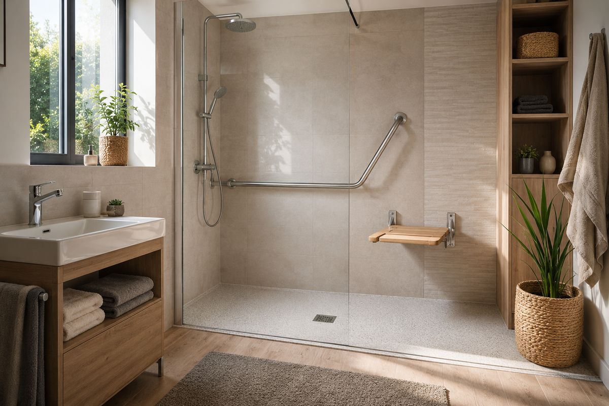 Douche de plain-pied avec barre d'appui et siège rabattable — exemple d'adaptation de salle de bain senior
