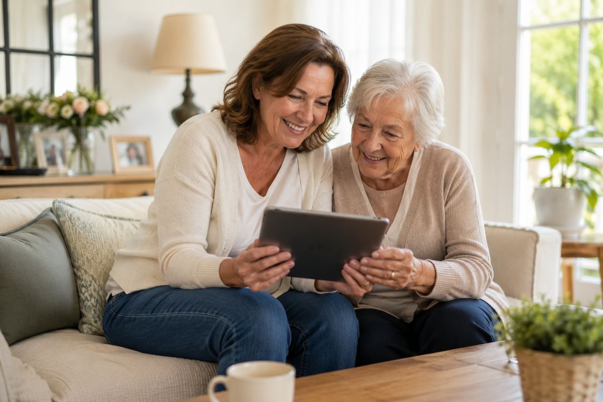 Une femme et sa mère âgée consultent ensemble le suivi photo du chantier sur une tablette