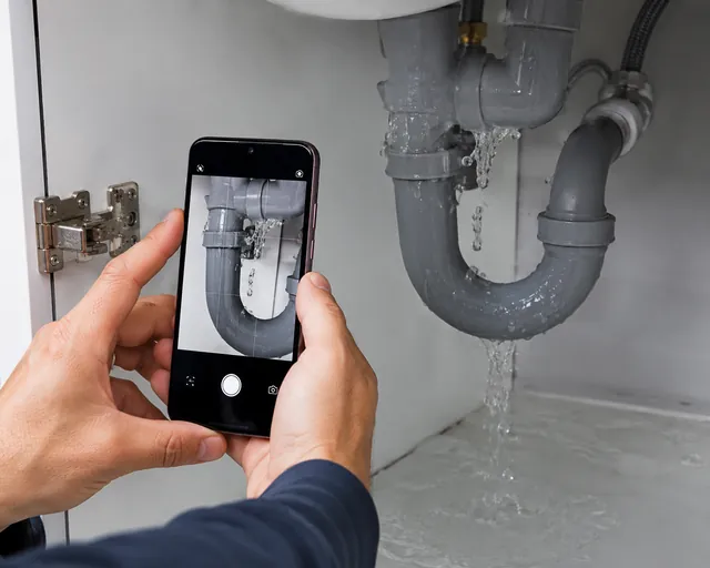 Un smartphone photographie la fuite d'eau d'un siphon sous un évier pour obtenir un diagnostic