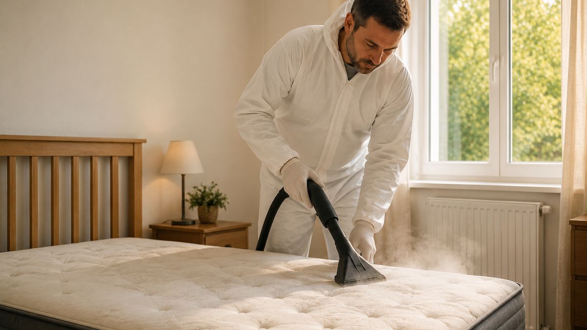 Technicien en combinaison traitant un matelas à la vapeur sèche contre les punaises de lit