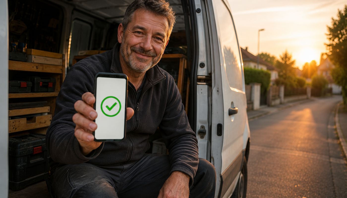 Artisan souriant dans son fourgon montrant la confirmation de paiement sur son téléphone