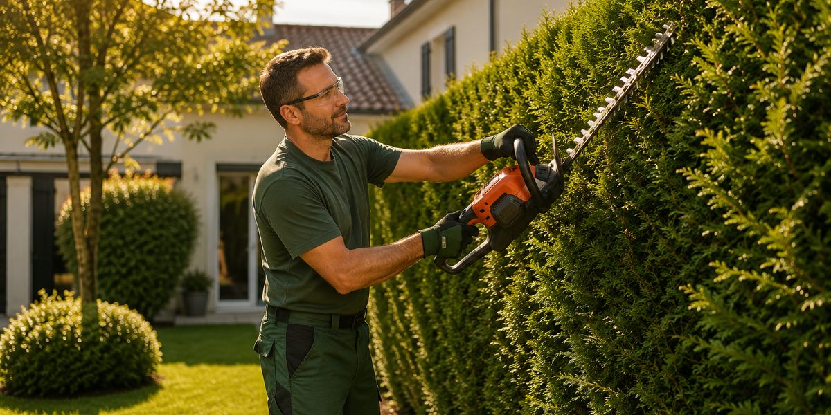 Jardinier professionnel taillant une haie de thuyas au taille-haie