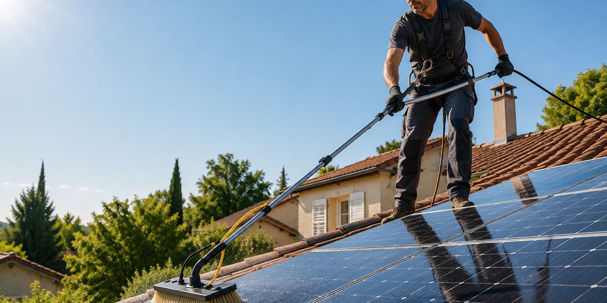 Technicien nettoyant des panneaux solaires avec une perche télescopique à brosse